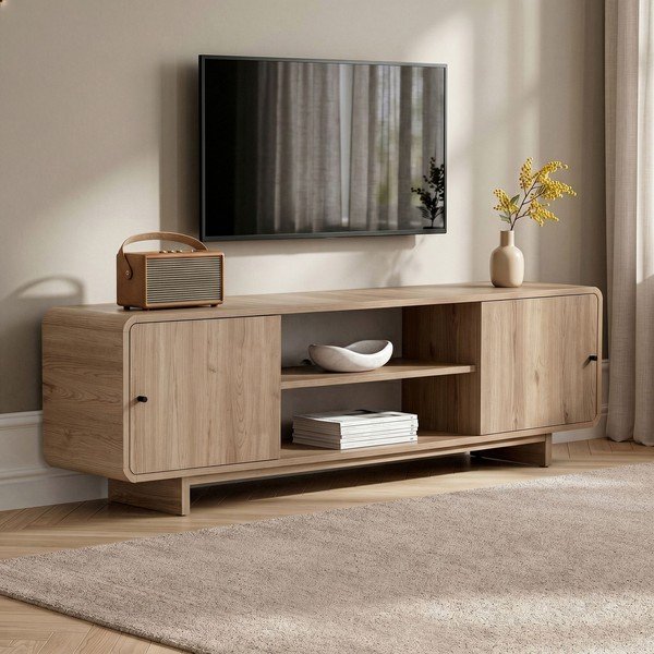 Gaiša dabīga toņa TV galdiņš ar ozolkoka imitāciju 180x52x34 cm Mirel – Nordure-image-3
