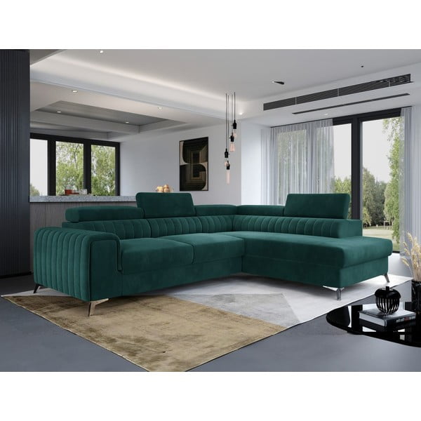 Zaļš samta salokāms/ar uzglabāšanas vietu stūra dīvāns (ar labo stūri/L veida) Laurence – ELTAP-image-1