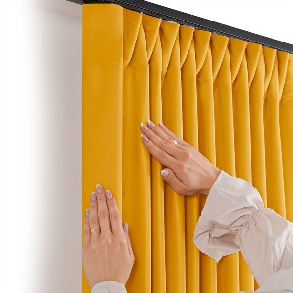 Sinepju dzeltens samta daļēji gaismu necaurlaidīgs aizkars 400x175 cm Velto – Filumi-image-2