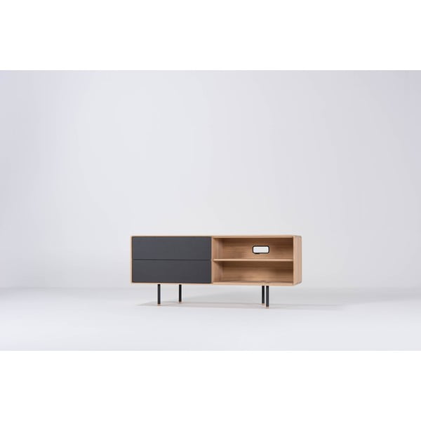 Melns/dabīga toņa ozola masīvkoka TV galdiņš 150x64 cm Fina – Gazzda-image-4