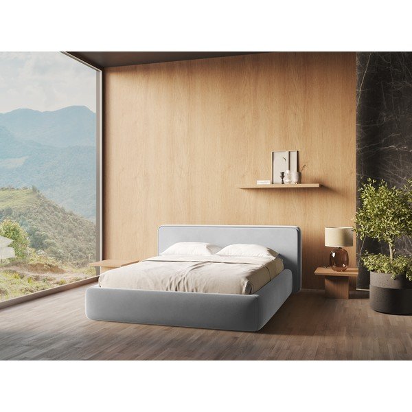 Pelēka polsterēta divvietīga gulta ar veļas kasti un redelēm 140x200 cm Kiana – Makamii-image-1