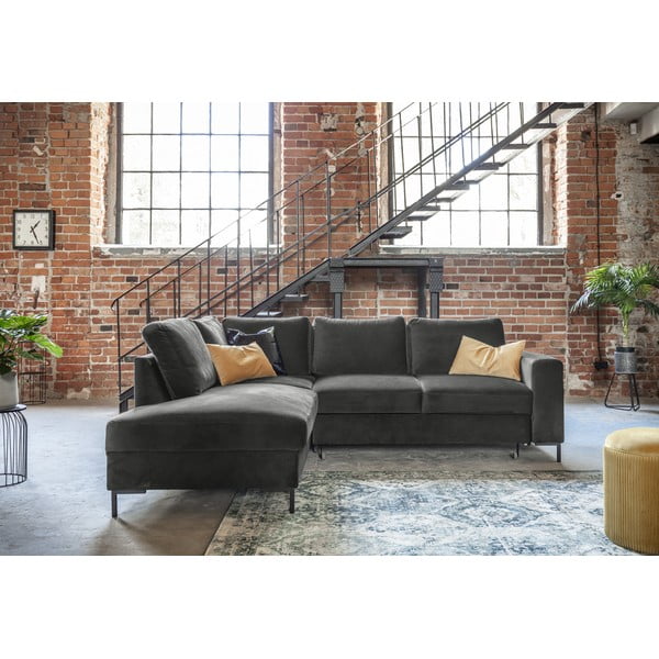 Tumši pelēks samta salokāms stūra dīvāns (ar kreiso stūri) Lofty Lilly – Miuform-image-1