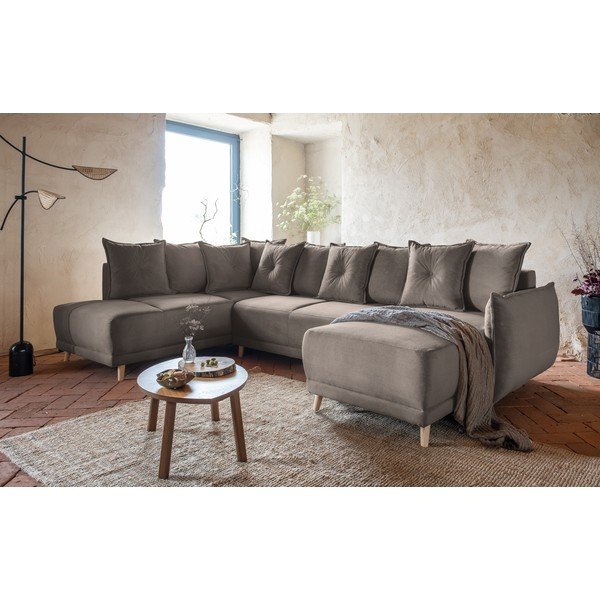 Gaiši brūns velveta salokāms stūra dīvāns (ar kreiso stūri/U veida) Lazy Lukka – Miuform-image-4