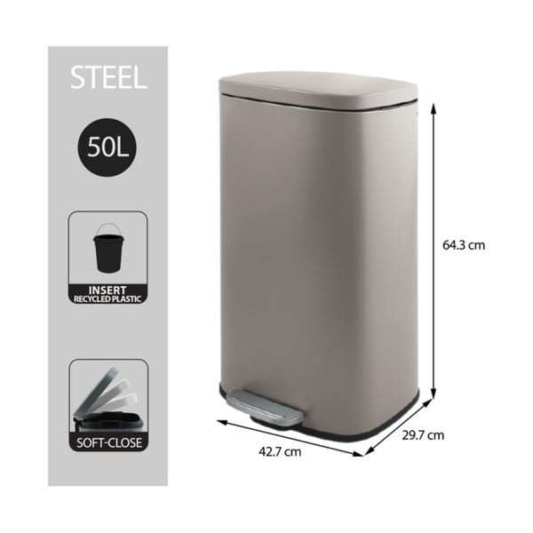 Pelēkbrūna tērauda atkritumu tvertne ar pedāli 50 l   Akira – Spirella-image-3