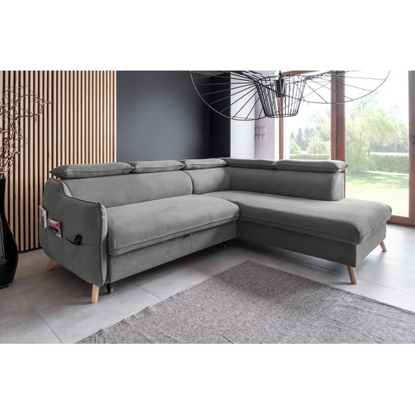 Gaiši pelēks samta salokāms stūra dīvāns (ar labo stūri) Sweet Harmony – Miuform-image-3