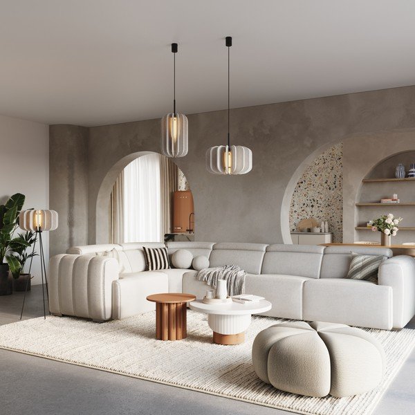 Bēša metāla piekaramā lampa ar auduma abažūru ø 45 cm Elom – Sollux-image-1