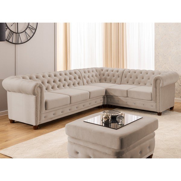 Bēšs samta salokāms stūra dīvāns (ar labo stūri/L veida) York Blik – Ropez-image-1