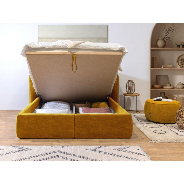 Dzeltena mīkstā divvietīgā gulta ar uzglabāšanas vietu un režģi 160x200 cm Louise – Bobochic Paris-image-4