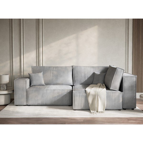 Pelēks velveta salokāms stūra dīvāns ar uzglabāšanas vietu (ar labo stūri/L veida) Tonga – Maison de Rêve-image-1