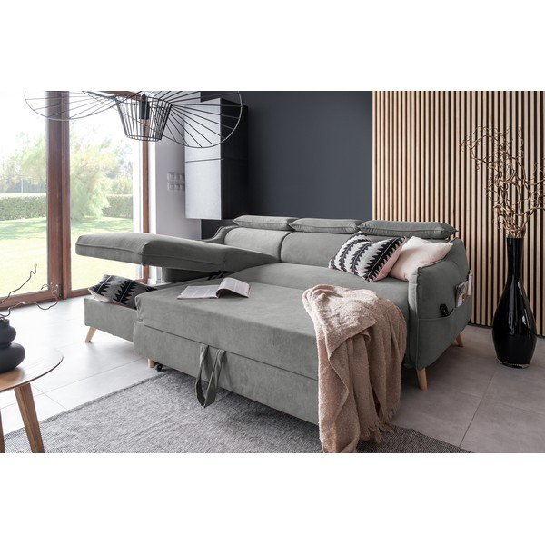 Gaiši pelēks samta salokāms stūra dīvāns (ar kreiso stūri) Sweet Harmony – Miuform-image-4