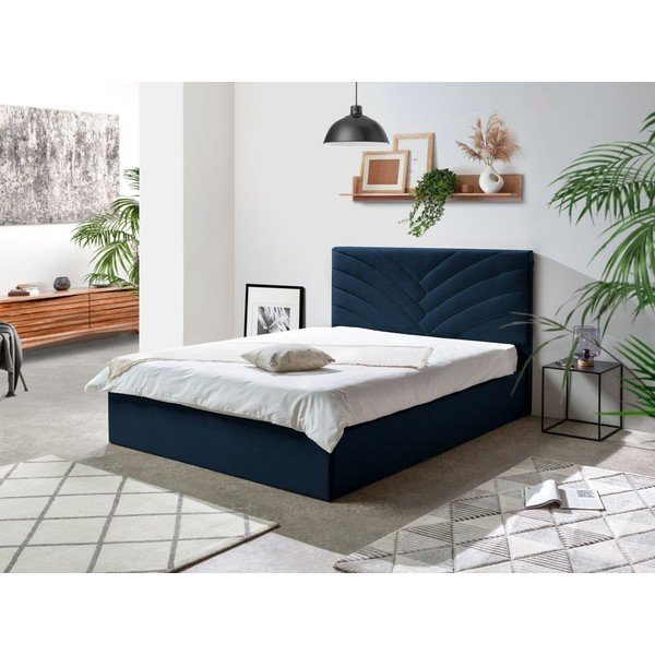 Tumši zila mīksta divguļamā gulta ar glabāšanas vietu un režģi 160x200 cm Palmyre – Bobochic Paris-image-1