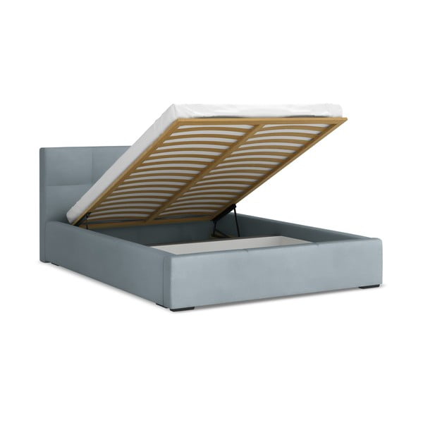 Gaiši zila samta polsterēta divvietīga gulta ar veļas kasti ar redelēm 140x200 cm Hiko – Makamii-image-1