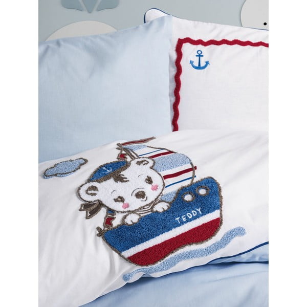 Balta/zila kokvilnas bērnu gultas veļa ar palagu 100x150 cm Miniyo – Mijolnir-image-2