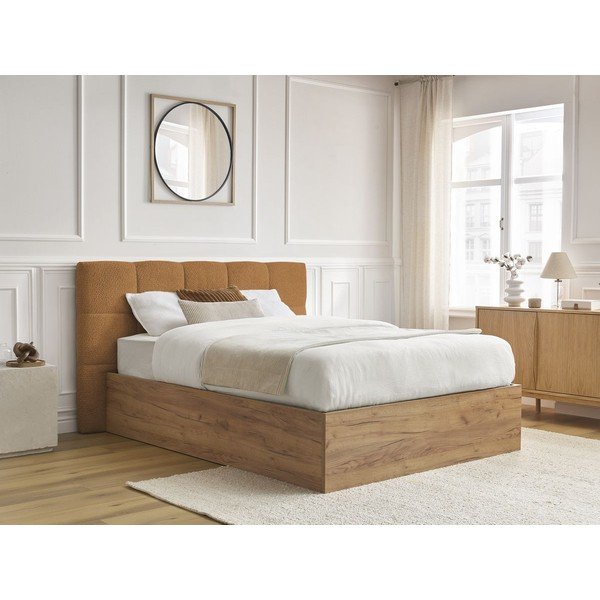 Okera dzeltena polsterēta polsterēta/no skaidu plāksnēm divvietīga gulta ar veļas kasti ar redelēm 160x200 cm Kumo – Bobochic Paris-image-3