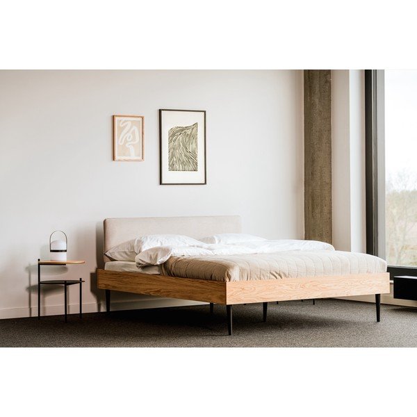 Dabīga toņa polsterēta/no skaidu plāksnēm divvietīga gulta ar ozolkoka imitāciju ar redelēm 160x200 cm Streiko – noo.ma-image-1