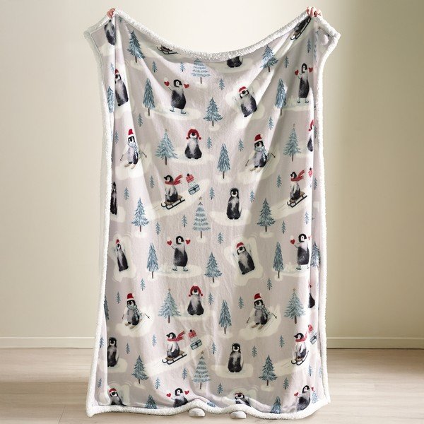 Balts pleds ar Ziemassvētku motīvu 170x130 cm Christmas Sherpa Penguins – Catherine Lansfield-image-1