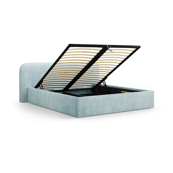 Piparmētru zaļa polsterēta divvietīga gulta ar veļas kasti un redelēm 200x200 cm Elizabeth – Micadoni -image-2