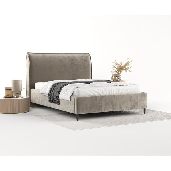 Bēša polsterēta divvietīga gulta ar veļas kasti un redelēm 140x200 cm Shell – Maison de Rêve-image-2