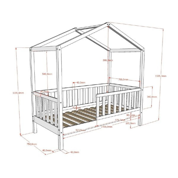 Antracīta pelēka priedes masīvkoka bērnu gulta mājas formā ar redelēm 70x140 cm DALLAS – Vipack-image-4