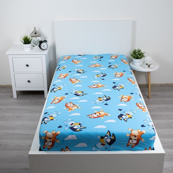 Zils vienguļamais kokvilnas bērnu palags ar gumiju 90x200 cm Bluey – Jerry Fabrics-image-1