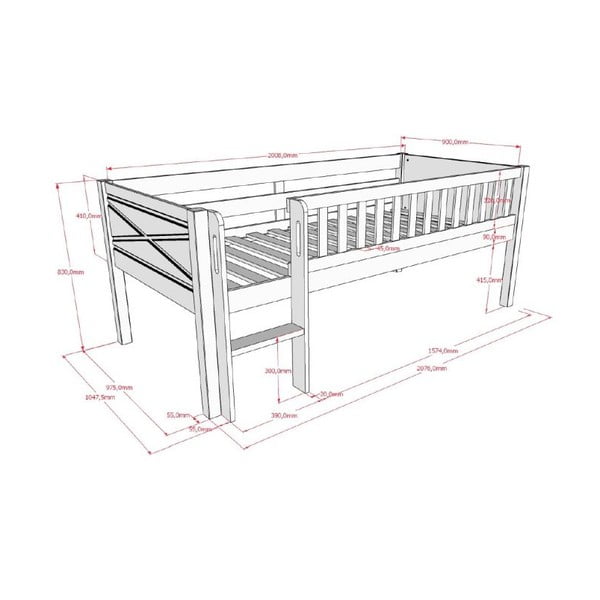 Balta priedes masīvkoka paaugstināta bērnu gulta ar redelēm 90x200 cm Scott – Vipack-image-2