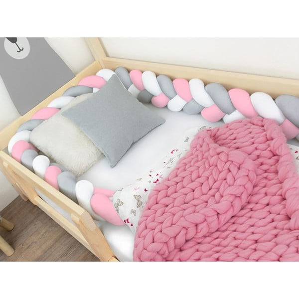 Balta-pelēka-rozā aizsargājošā apmale bērnu gultiņai Benlemi Jersey, garums 450 cm