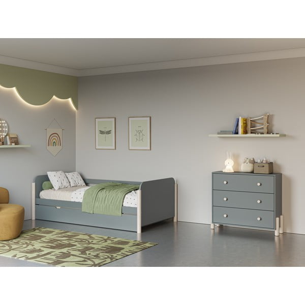 Dūmakaini zaļa priedes masīvkoka izvelkama bērnu gulta ar redelēm 90x190 cm Enola – Marckeric-image-1