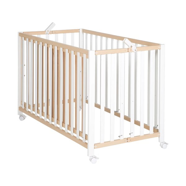 Balta/dabīga toņa bērnu gultiņa ar riteņiem 60x120 cm Fold up – Roba