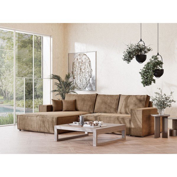 Gaiši brūns salokāms stūra dīvāns no šenila auduma ar uzglabāšanas vietu (ar kreiso stūri/ar zvilni) Maze – Maison de Rêve-image-1