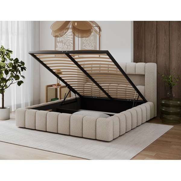 Bēša polsterēta divvietīga gulta ar veļas kasti ar redelēm 140x200 cm Lamica – ELTAP-image-4