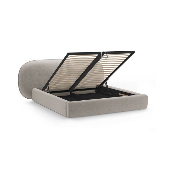 Bēša polsterēta divvietīga gulta ar veļas kasti un redelēm 200x200 cm Ovalo – Micadoni -image-2