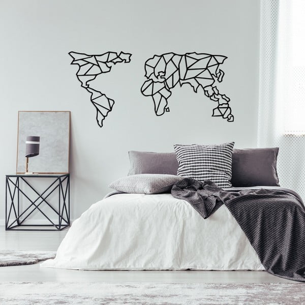 Melna metāla sienas rotājums Geometric World Map, 120 x 58 cm
