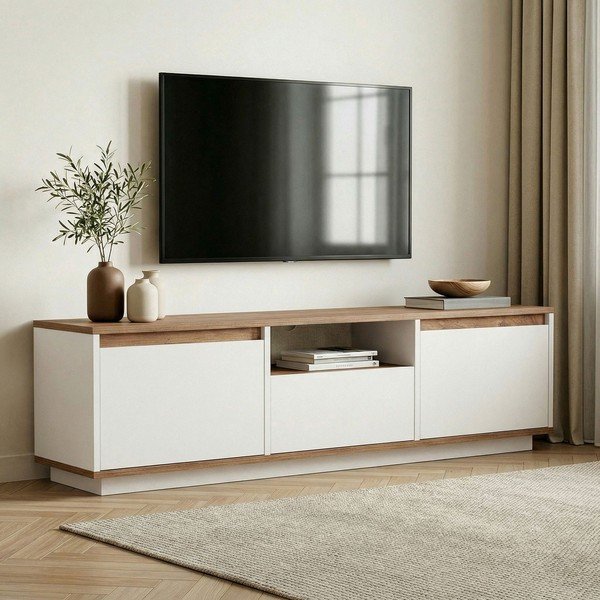 Balts/dabīga toņa TV galdiņš ar priedes koka imitāciju 160x42x30 cm Sentinel – Kalune Design-image-1