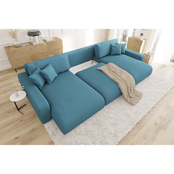 Tirkīzzils velveta salokāms stūra dīvāns ar uzglabāšanas vietu Sara – Ropez-image-4