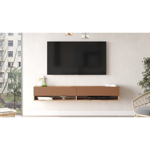 Ķieģeļu sarkans/dabīga toņa TV galdiņš ar priedes koka imitāciju 180x29x32 cm – Kalune Design-image-3