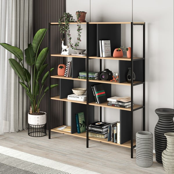 Melns/dabīga toņa grāmatplaukts ar ozolkoka imitāciju 144x175 cm Alabama – Marckeric-image-4