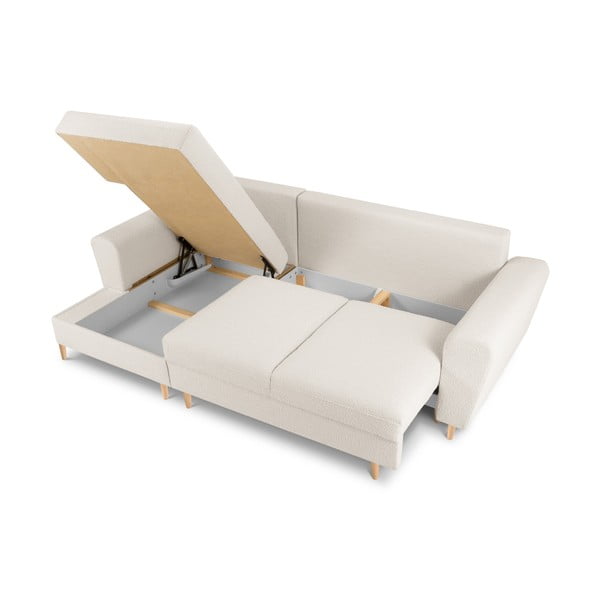 Bēšs salokāms stūra dīvāns ar uzglabāšanas vietu no buklē auduma (ar kreiso stūri/ar zvilni) Kyoto – Cosmopolitan Design-image-3