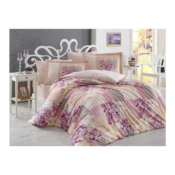 Rozā kokvilnas poplīna divvietīga gultasveļa ar palagu Rachele, 200 x 220 cm
