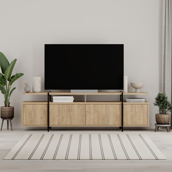 Dabīga toņa TV galdiņš ar ozolkoka imitāciju 160x48 cm Hinoa – Marckeric-image-1
