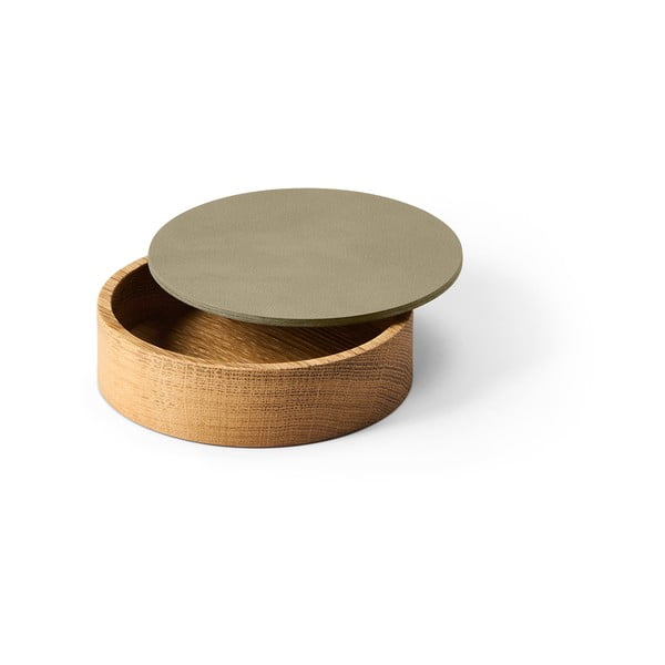 Zaļa/dabīga toņa dekoratīva koka/ekoloģiskās ādas uzglabāšanas kaste ar vāku ø 11x3,5 cm Circle Nupo – LIND DNA-image-1