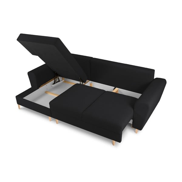 Melns salokāms stūra dīvāns ar uzglabāšanas vietu no buklē auduma (ar kreiso stūri/ar zvilni) Kyoto – Cosmopolitan Design-image-3