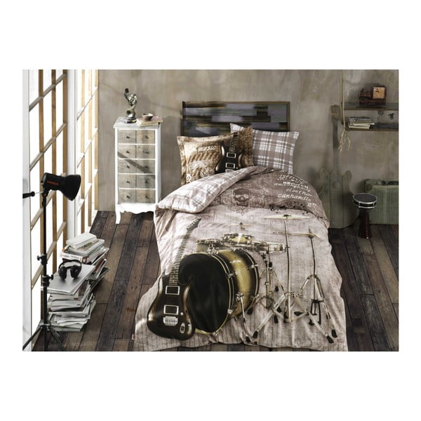 Kokvilnas poplīna gultasveļa ar palagu divguļamai gultai Rock Music Brown, 160 x 220 cm