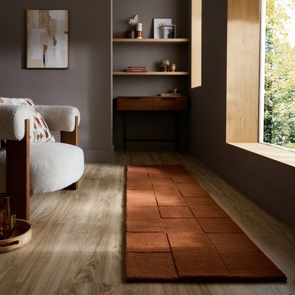 Terakotas oranžs ar rokām darināts vilnas celiņa paklājs 60x230 cm Checkerboard – Flair Rugs-image-1