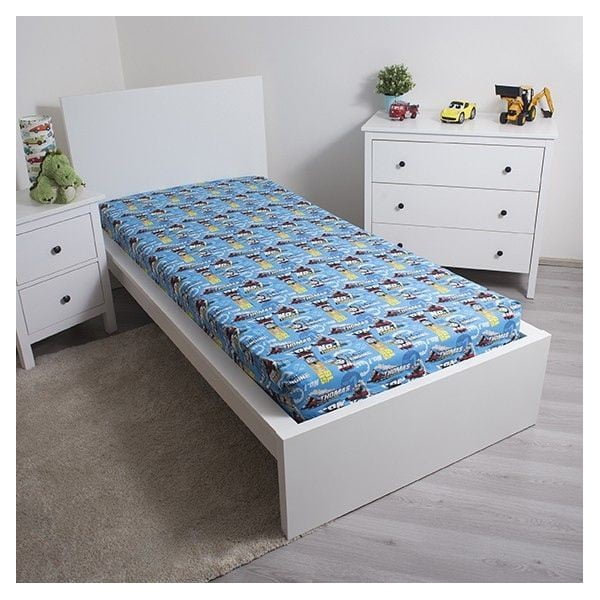 Zils kokvilnas bērnu palags ar gumiju 90x200 cm Thomas the Tank Engine – Jerry Fabrics-image-1