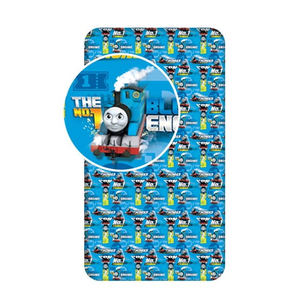 Zils kokvilnas bērnu palags ar gumiju 90x200 cm Thomas the Tank Engine – Jerry Fabrics