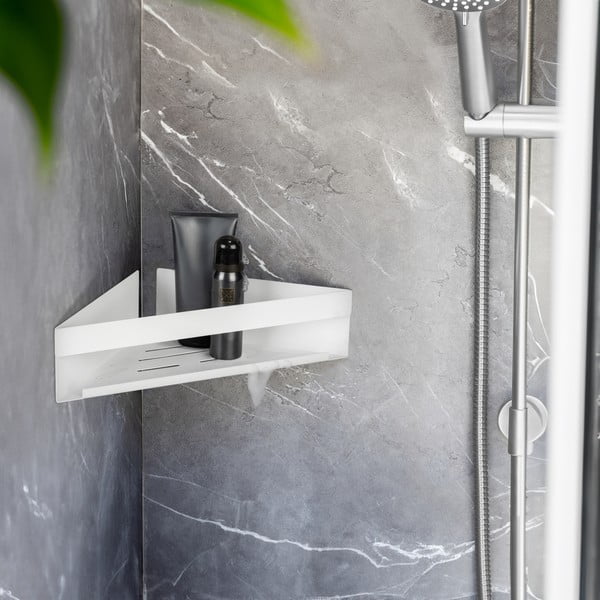 Matēti balts nerūsējošā tērauda stūra vannas istabas plaukts ar uzstādīšanu bez urbšanas/ar Turbo-Loc stiprinājumu Genova – Wenko-image-1