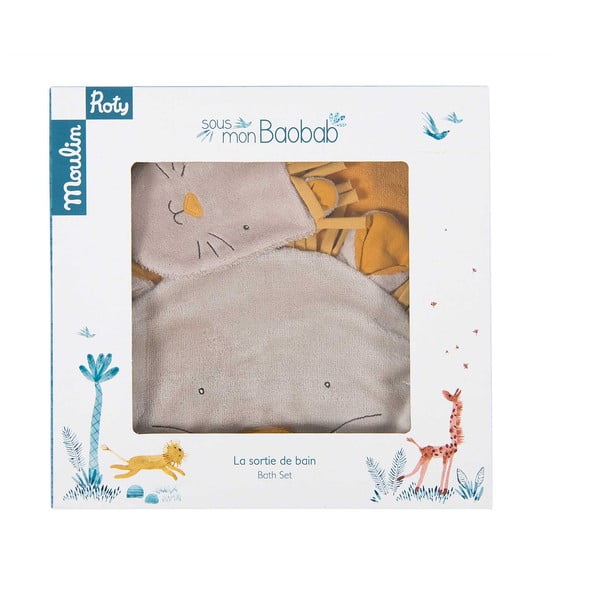 Dzeltens kokvilnas dvieļu komplekts ar kapuci un mazgāšanās lupatiņu mazuļiem 80x114 cm Sous mon Baobab – Moulin Roty-image-3