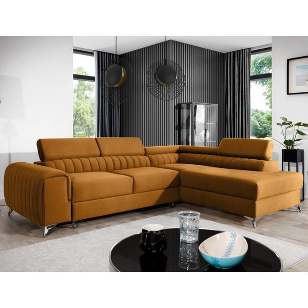 Dzeltens samta salokāms/ar uzglabāšanas vietu stūra dīvāns (ar labo stūri/L veida) Laurence – ELTAP-image-1