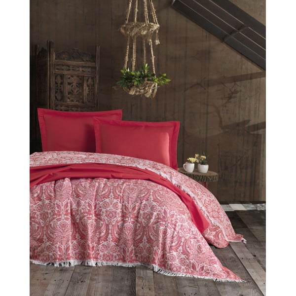 Sarkana kokvilnas gultas pārklāja un 2 spilvendrānu komplekts EnLora Home Nish Red, 240 x 260 cm