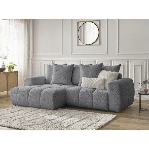 Pelēks salokāms stūra dīvāns no buklē auduma ar uzglabāšanas vietu (ar kreiso stūri/ar zvilni) Roxelane – Bobochic Paris-image-4